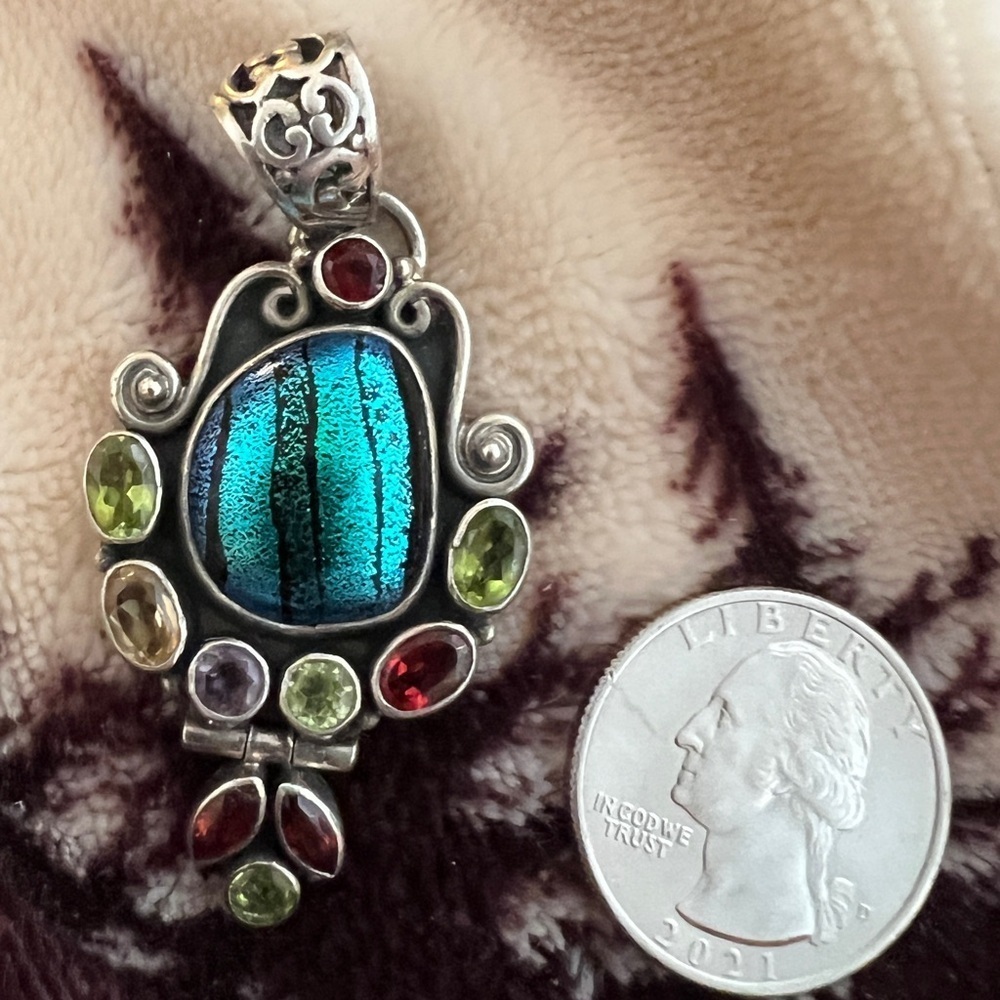 ❤️ Native Artisan Handmade Dichroic Glass & Gemstone Pendant 925 Sterling - Picture 6 of 12